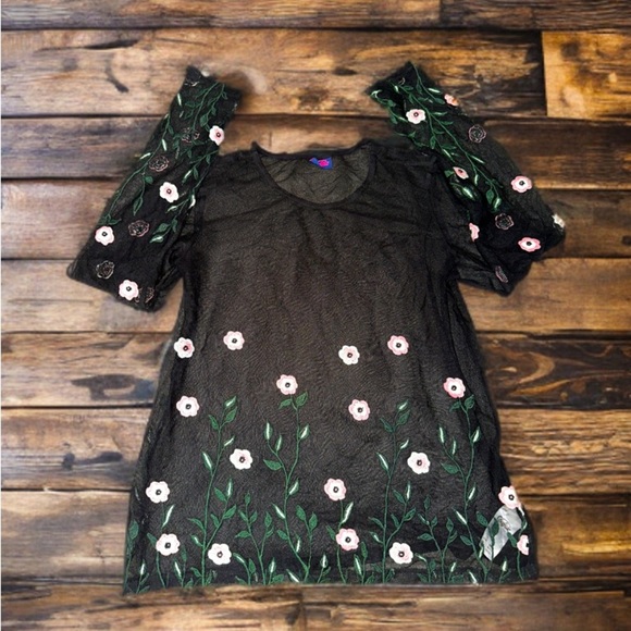 Vintage Floral Embroidered Sheer Mesh Blouse – Black Long Sleeve Top - Picture 1 of 4